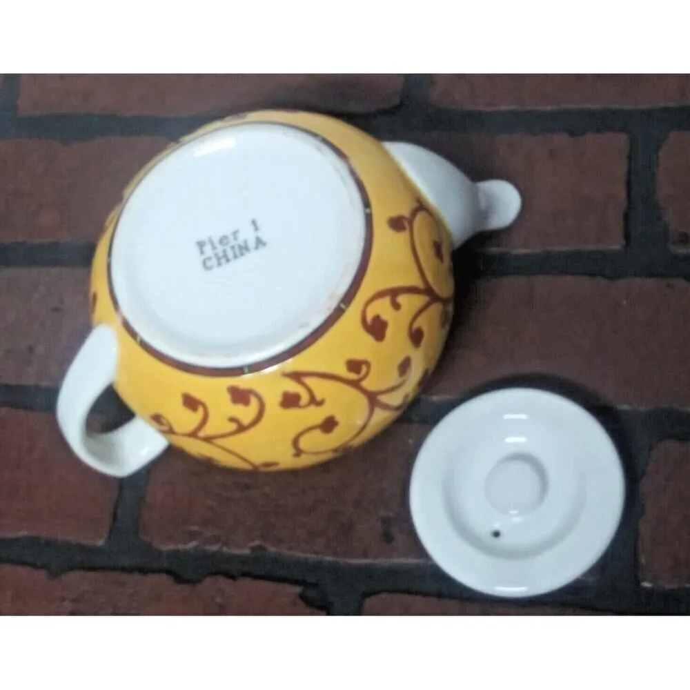 Pier 1 Teapot Sake China Orient Yellow Green Red White Etched Floral 26 Oz EUC